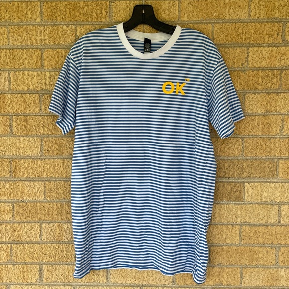 The Maine You Are OK Striped Blue and White T-shirt with Yellow OK Logo - Size L - Picture 4 of 7